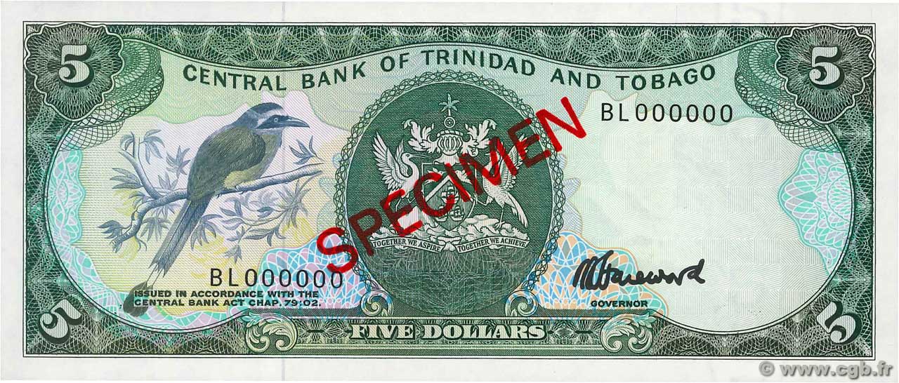 5 Dollars Spécimen TRINIDAD E TOBAGO  1985 P.37cs q.FDC