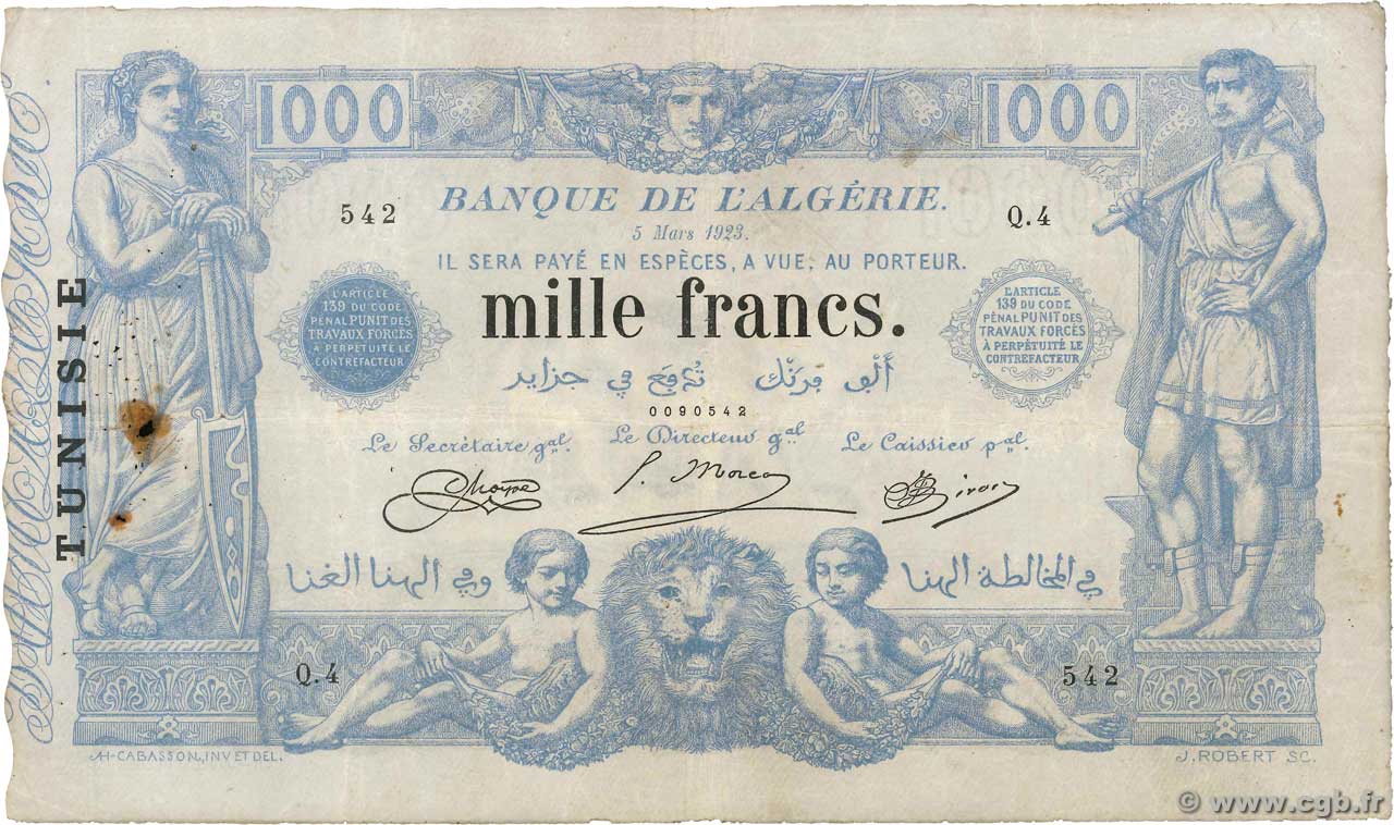 1000 Francs TUNISIA  1923 P.07b MB