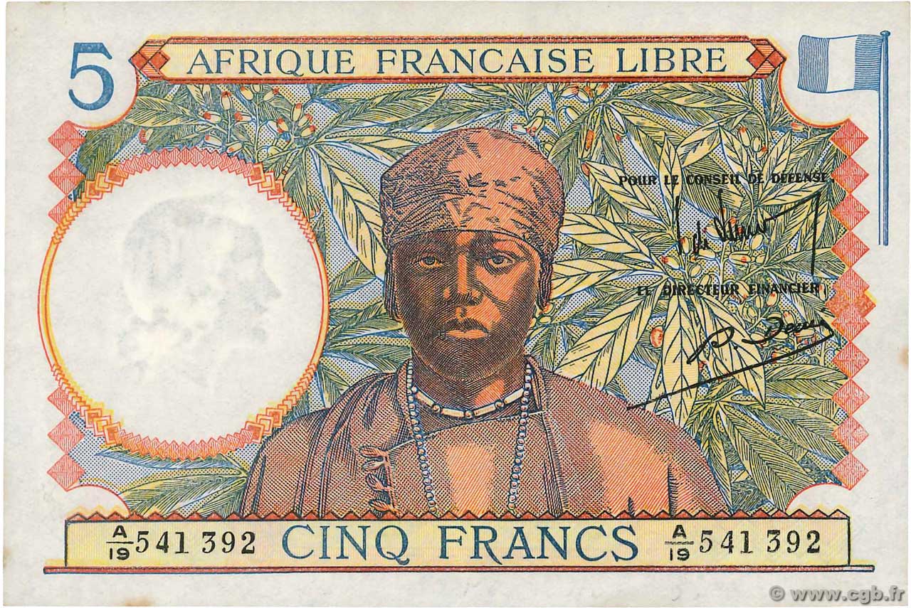 5 Francs FRENCH EQUATORIAL AFRICA Brazzaville 1941 P.06a XF+