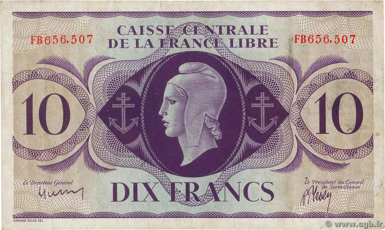 10 Francs FRENCH EQUATORIAL AFRICA Brazzaville 1944 P.11a VF-