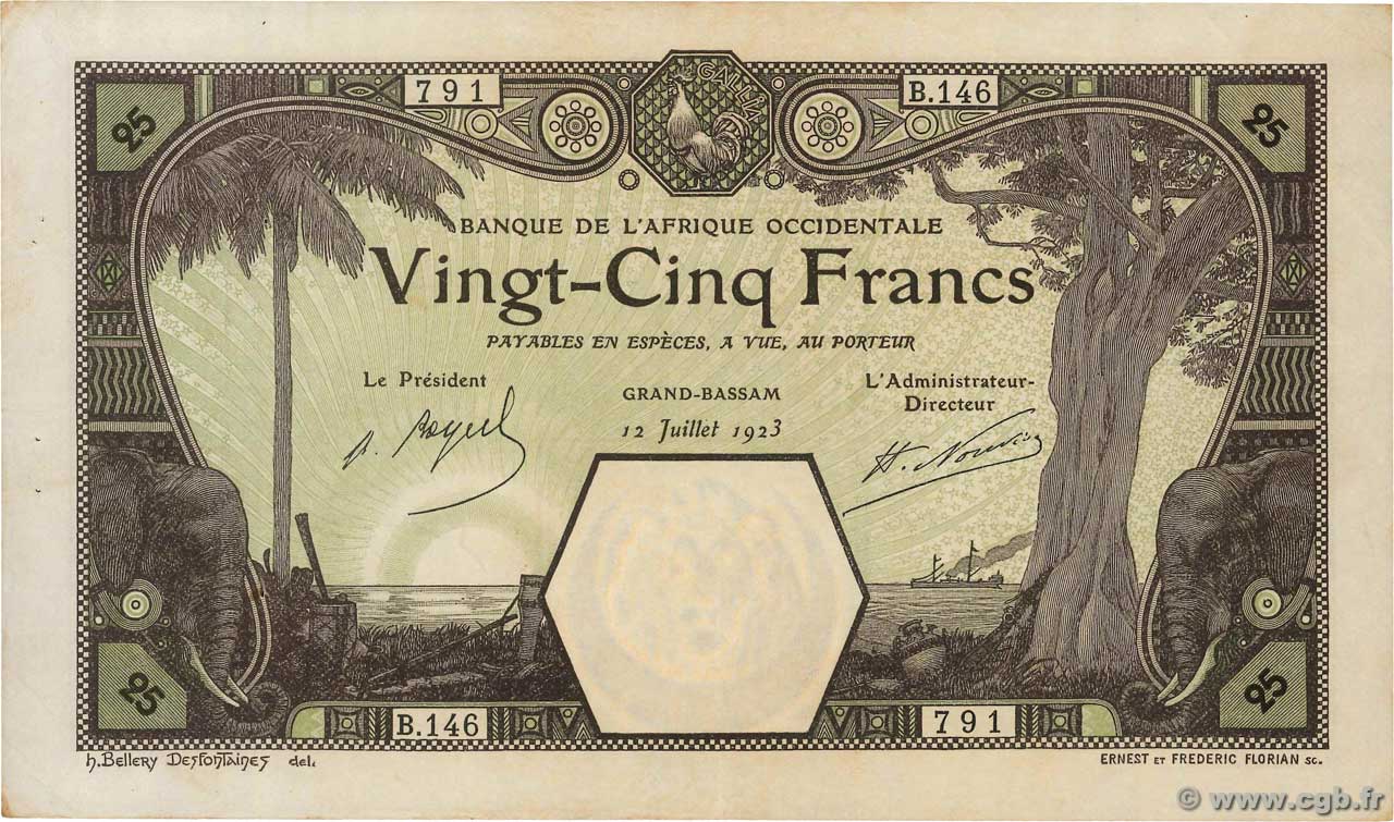 25 Francs GRAND-BASSAM FRENCH WEST AFRICA Grand-Bassam 1923 P.07Db MBC