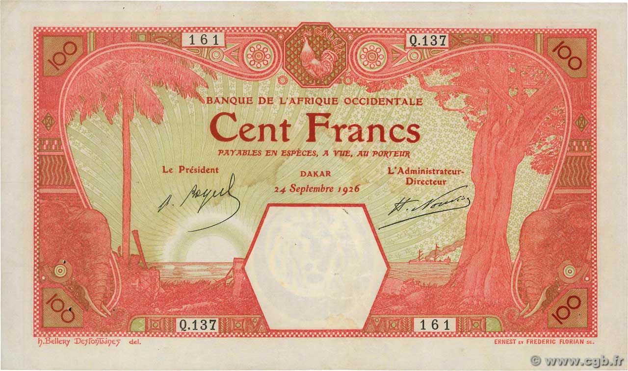 100 Francs DAKAR FRENCH WEST AFRICA Dakar 1926 P.11Bb VF
