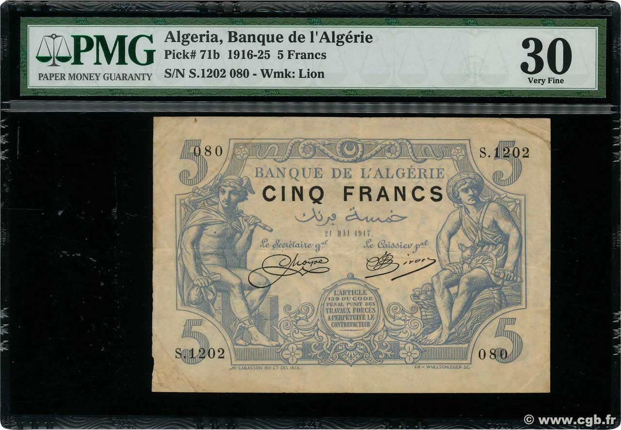 5 Francs ALGERIA  1917 P.071a VF