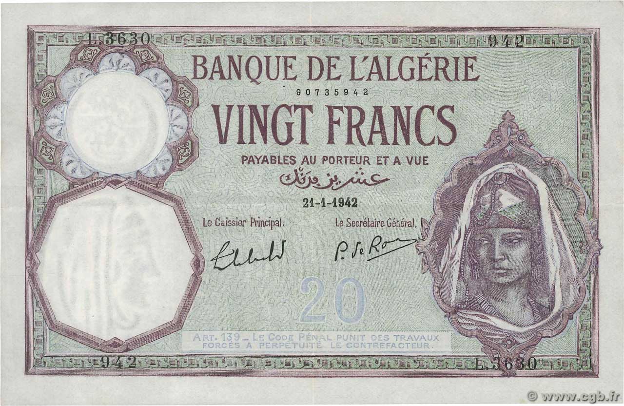 20 Francs ARGELIA  1942 P.078c MBC+