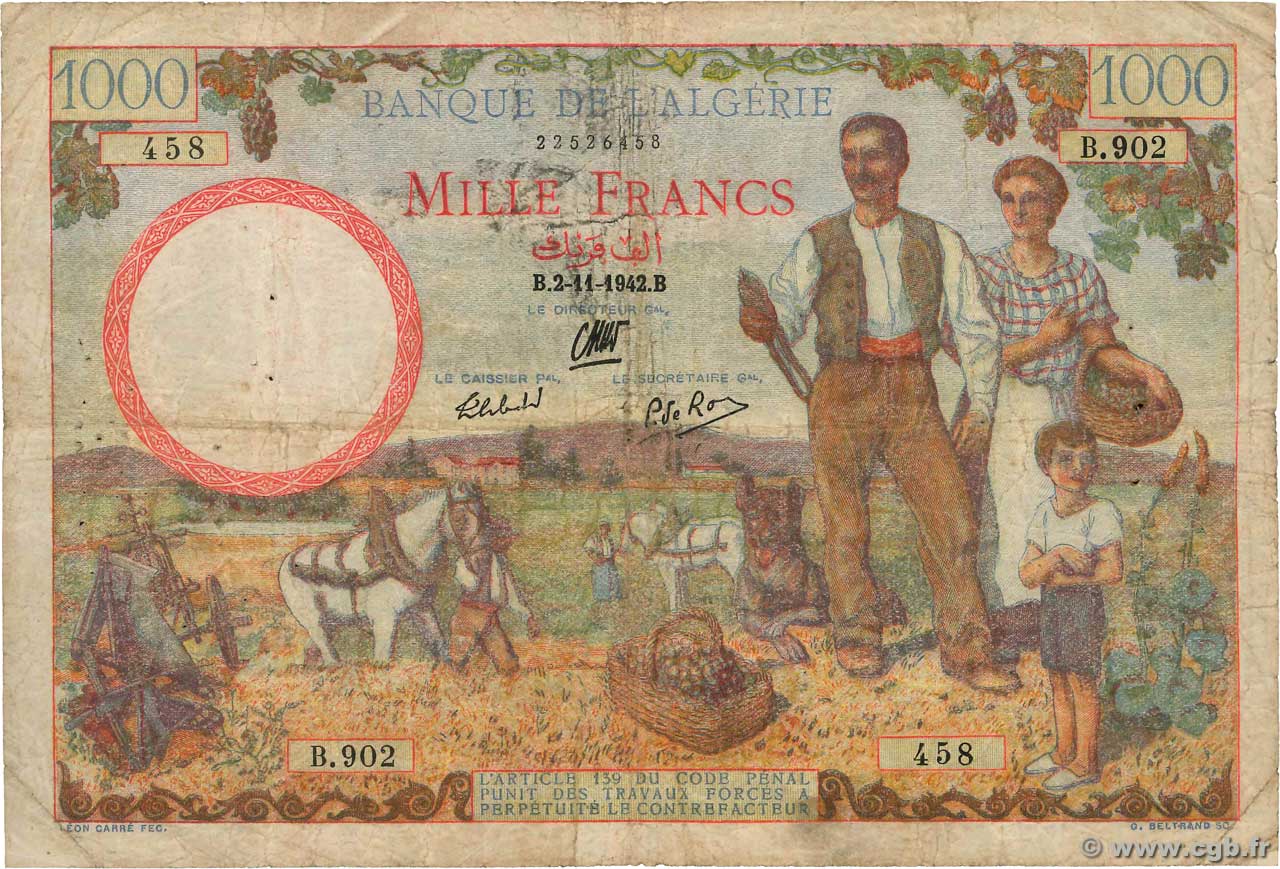 1000 Francs ALGERIEN  1942 P.089 SGE