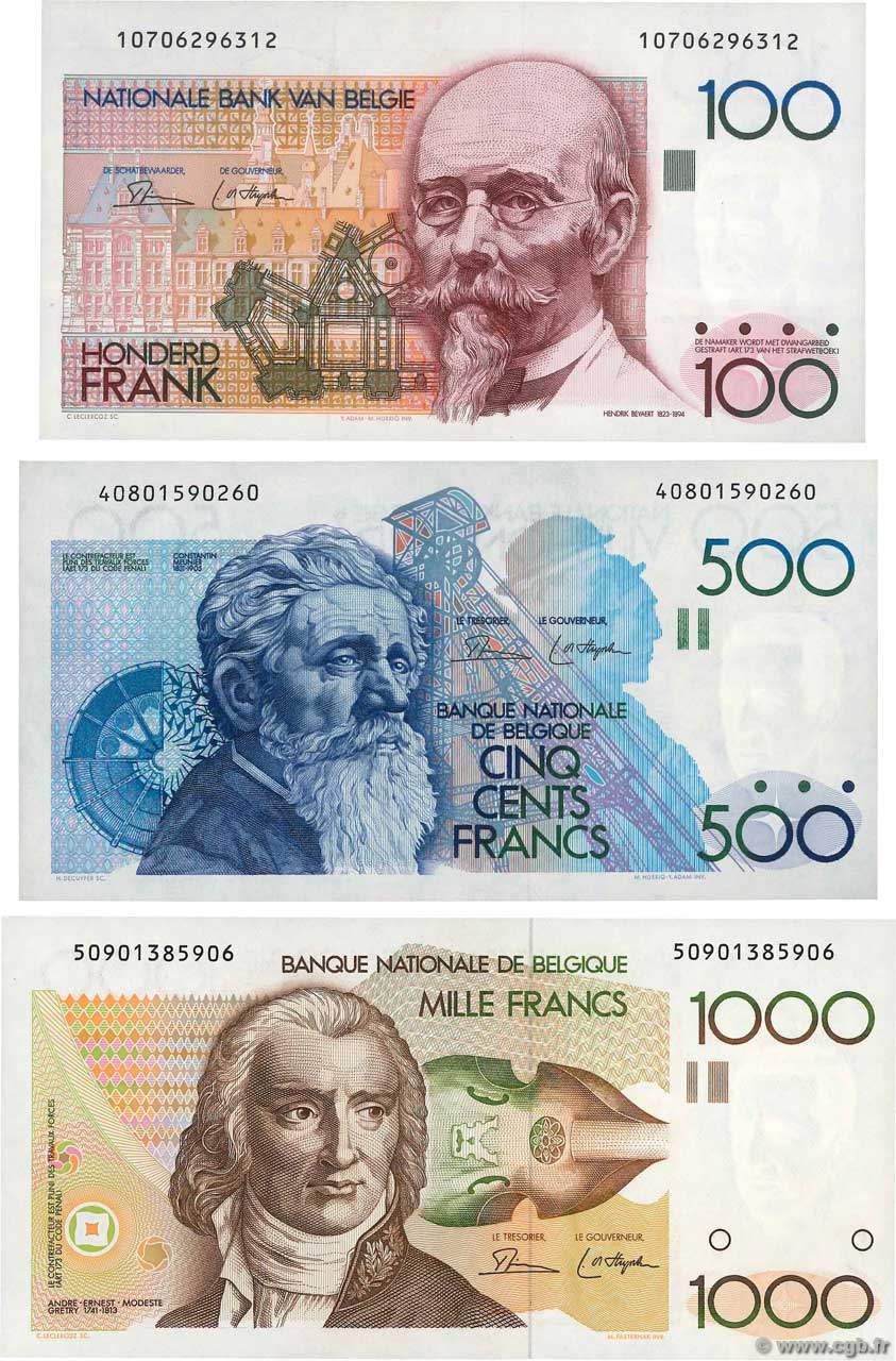 100, 500 et 1000 Francs Lot BELGIQUE  1980 P.142a, P.143a et P.144a SUP+