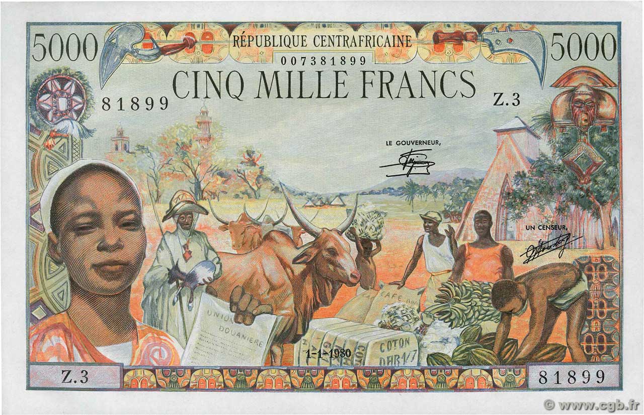 5000 Francs CENTRAL AFRICAN REPUBLIC  1980 P.11 AU+