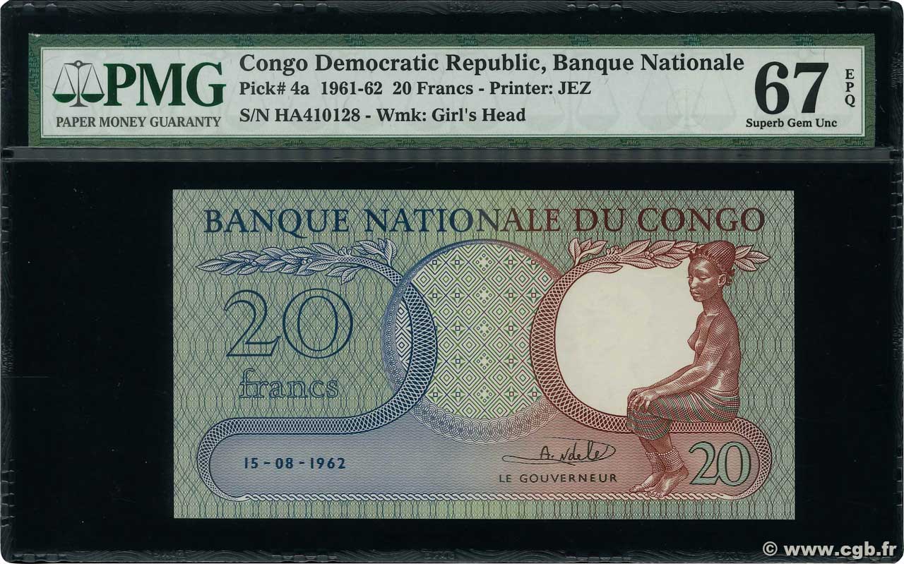 20 Francs REPúBLICA DEMOCRáTICA DEL CONGO  1962 P.004a FDC