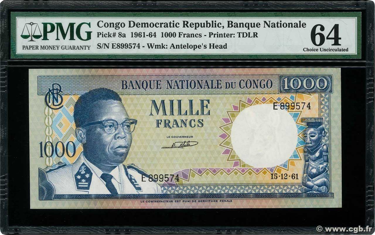 1000 Francs REPúBLICA DEMOCRáTICA DEL CONGO  1961 P.08a FDC