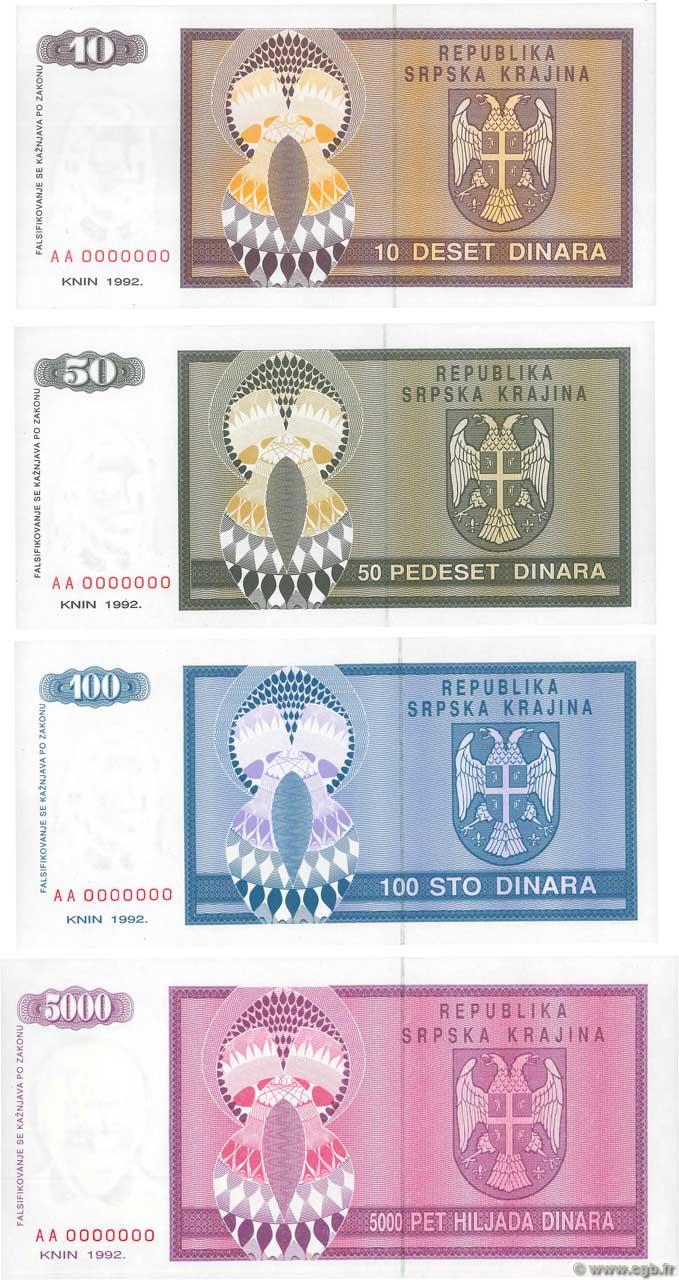 10, 50, 100 et 5000 Dinara Spécimen CROATIE  1992 P.R01s R02s R03s R06s pr.NEUF