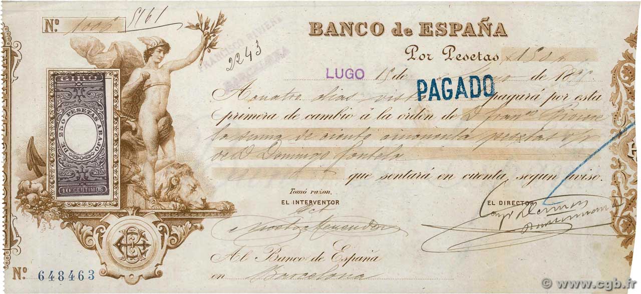 150 Pesetas ESPAGNE Barcelone 1895 DOC.Chèque TTB+