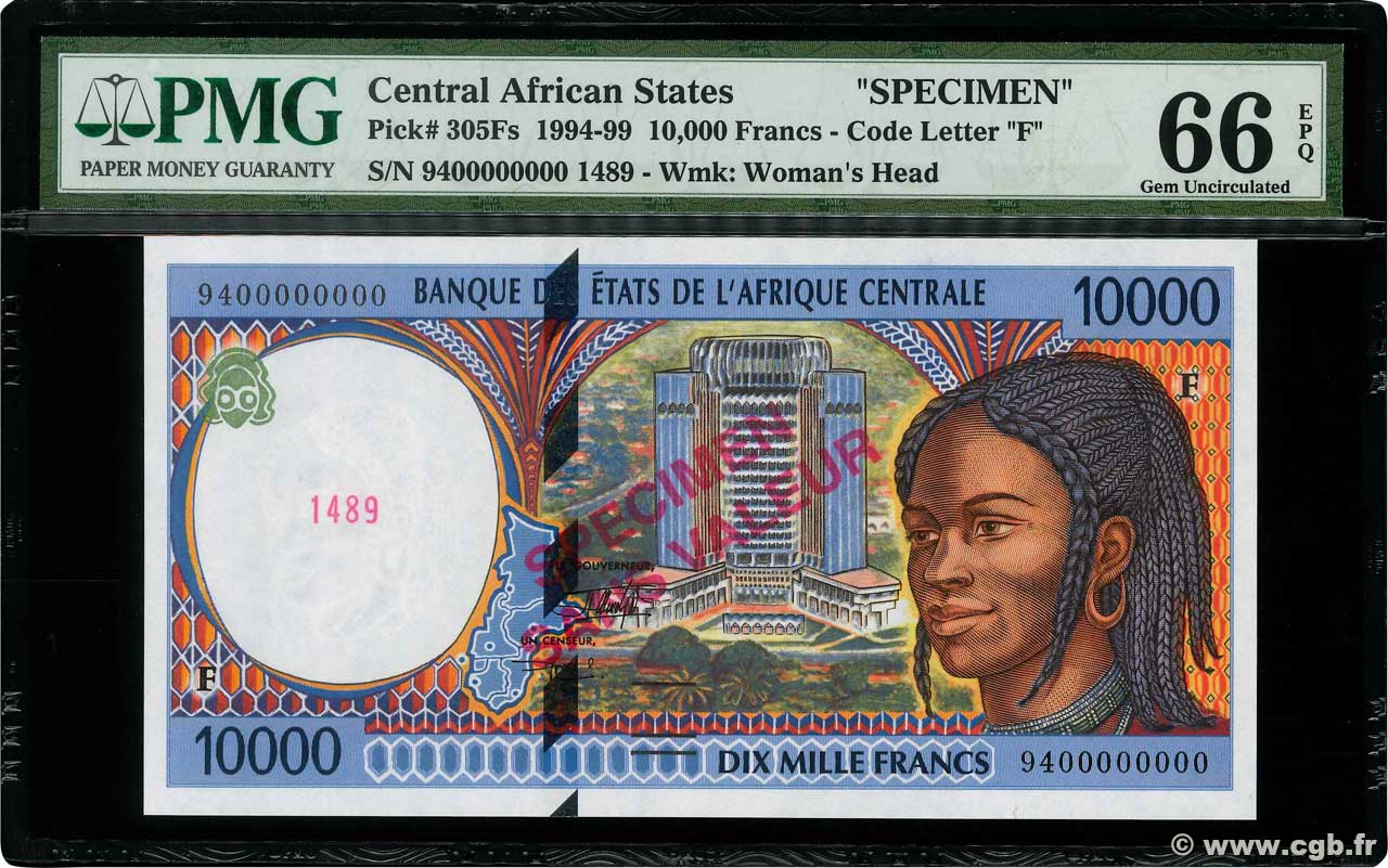 10000 Francs Spécimen STATI DI L  AFRICA CENTRALE  1994 P.305Fas FDC