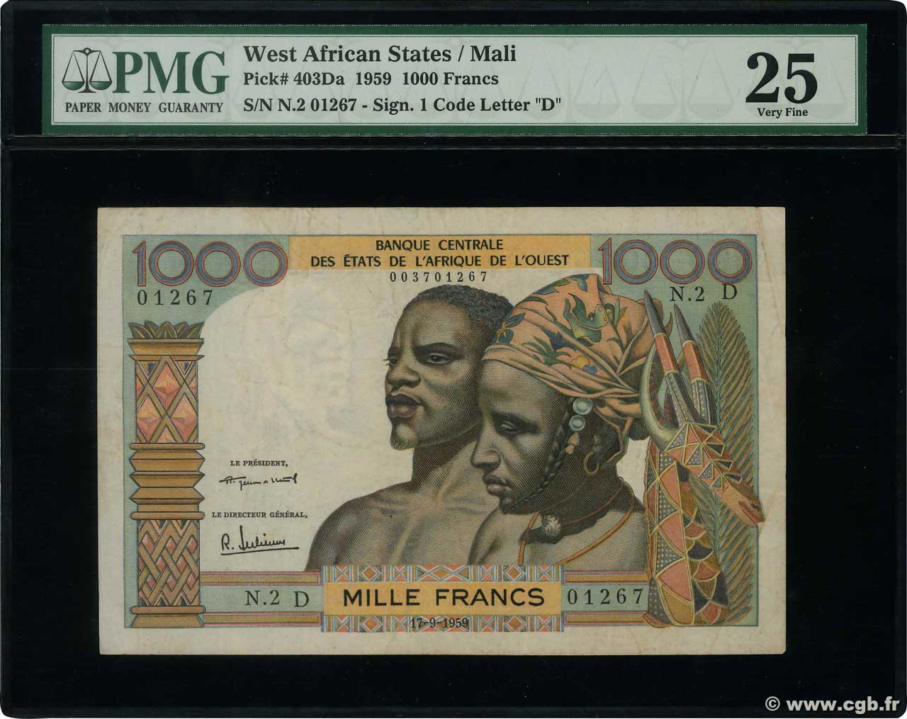 1000 Francs ESTADOS DEL OESTE AFRICANO  1959 P.403Da MBC
