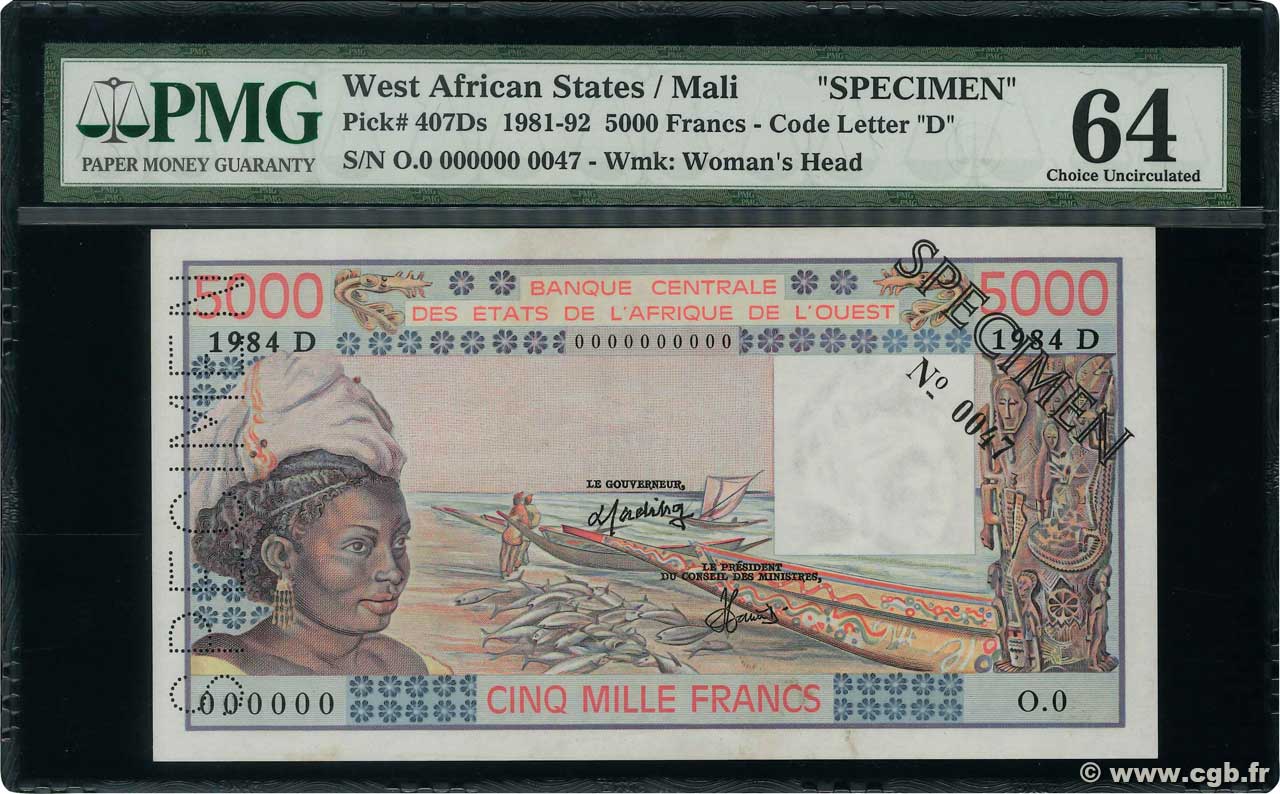 5000 Francs Spécimen ESTADOS DEL OESTE AFRICANO  1984 P.407Dds FDC