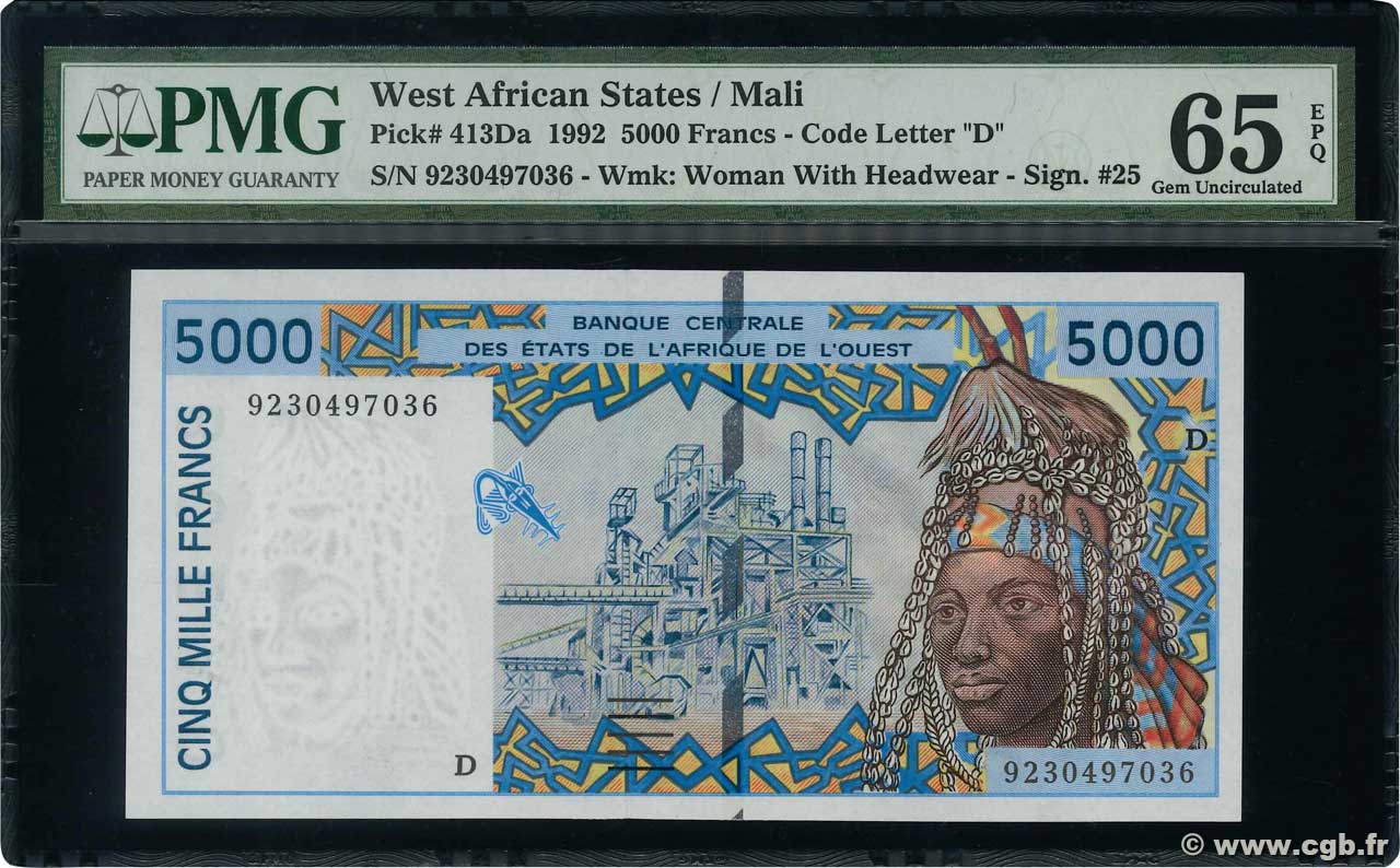 5000 Francs STATI AMERICANI AFRICANI  1992 P.413Da FDC