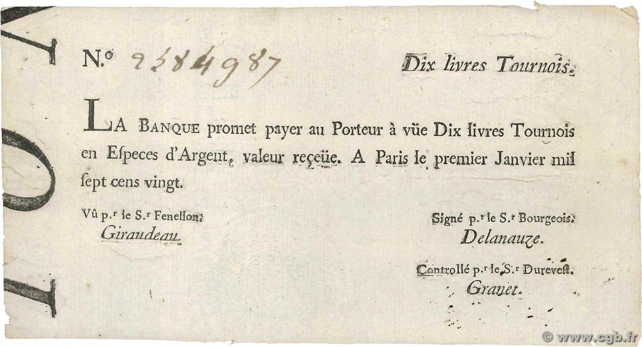 10 Livres Tournois typographié FRANCIA  1720 Dor.21 q.SPL