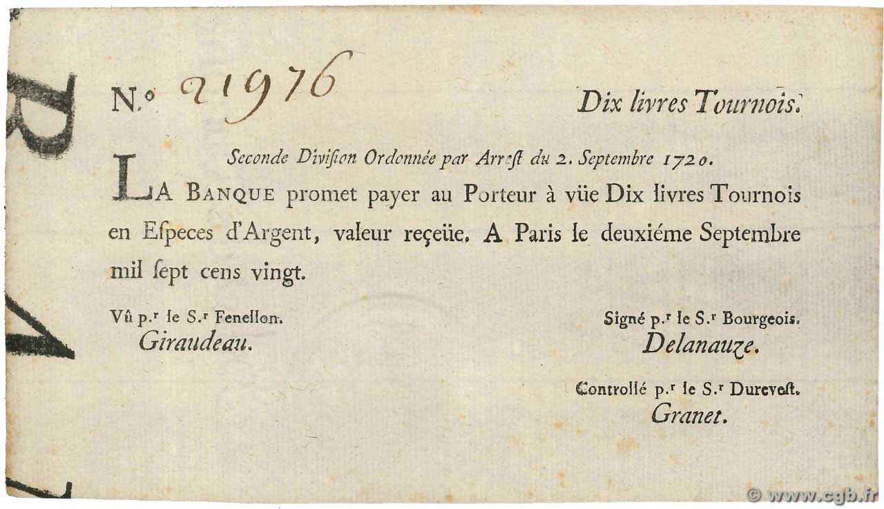 10 Livres Tournois typographié FRANCIA  1720 Dor.23 AU