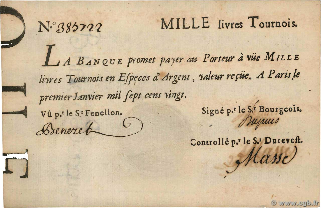 1000 Livres Tournois typographié Faux FRANCIA  1720 Dor.29x EBC