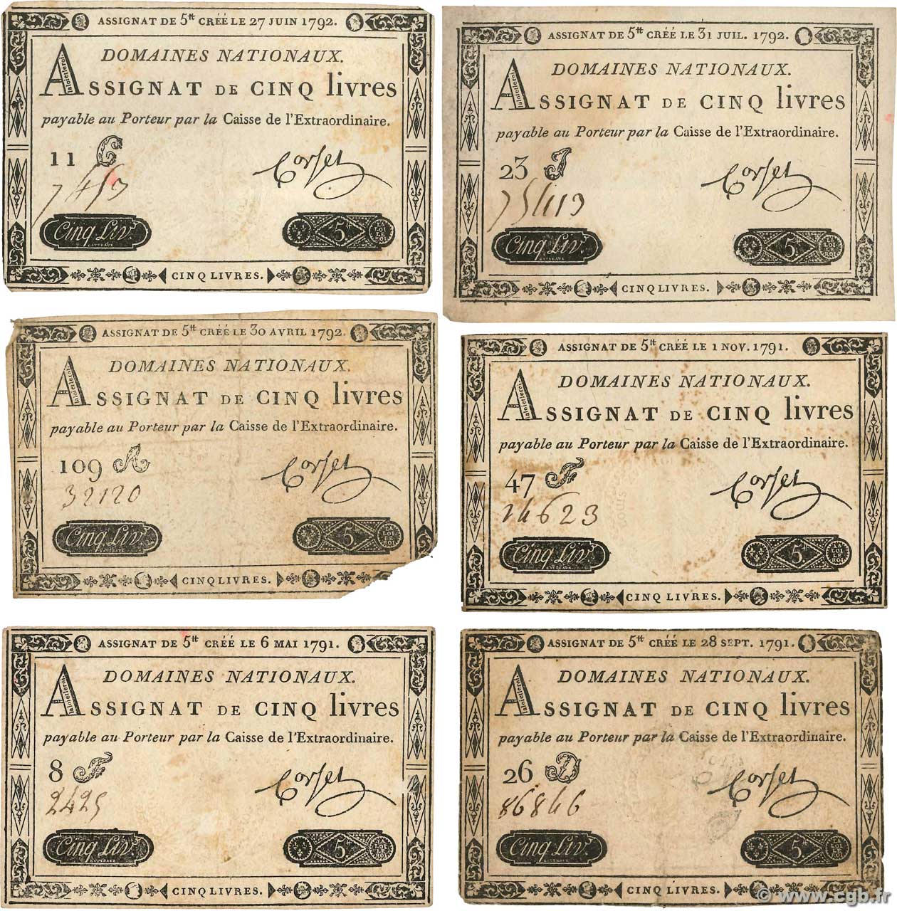 5 Livres Lot FRANCE  1791 Ass.12 / 31 XF