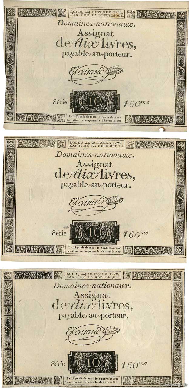 10 Livres filigrane royal Lot FRANCE  1792 Ass.36a AU