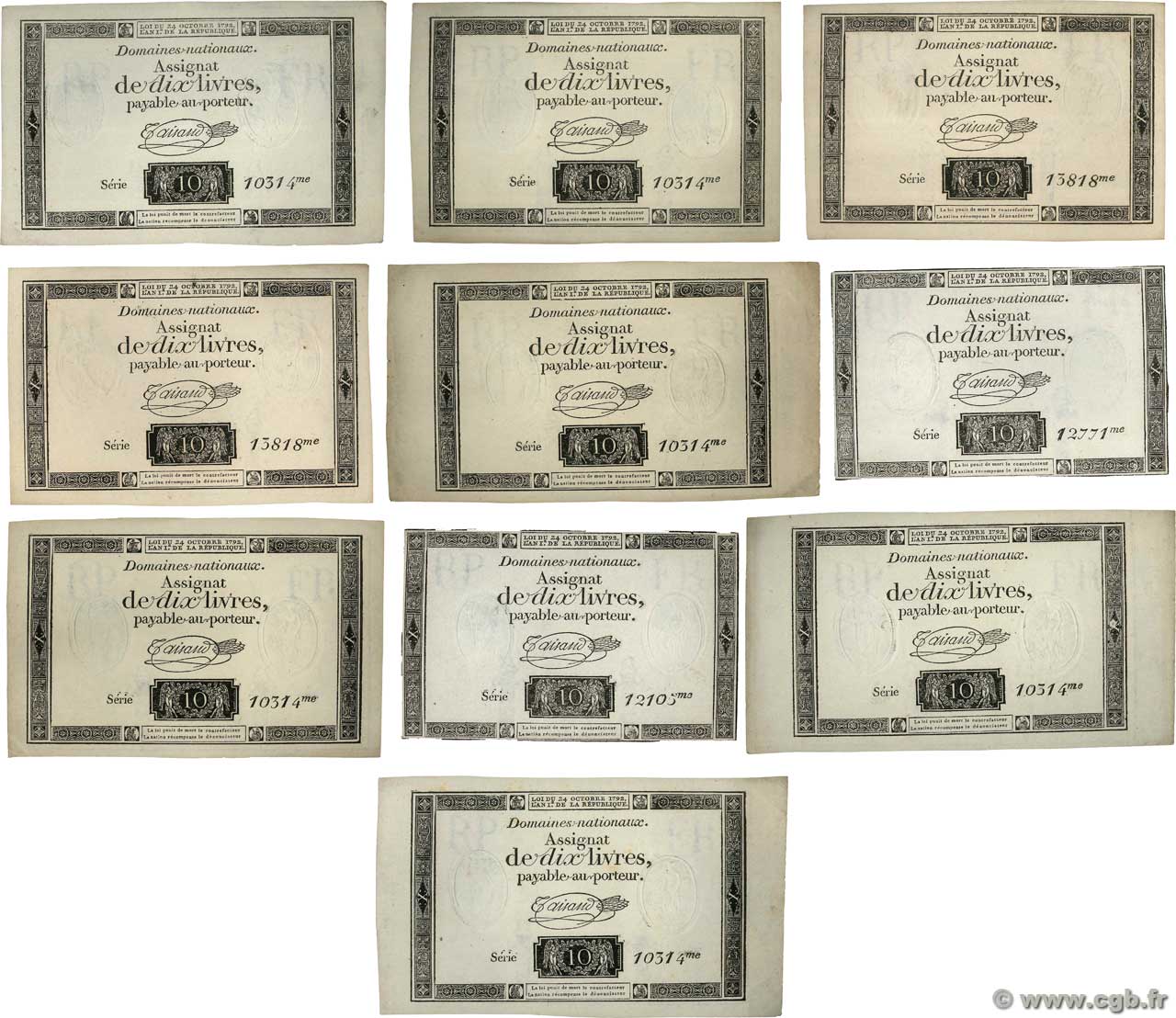 10 Livres filigrane républicain, gravure modifiée Lot FRANCE  1792 Ass.36c AU