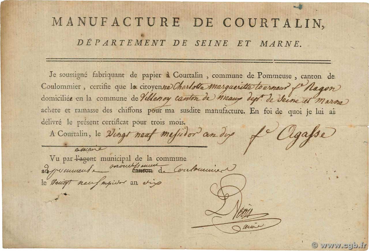 sans FRANCE regionalism and miscellaneous Courtalin 1802 - VF