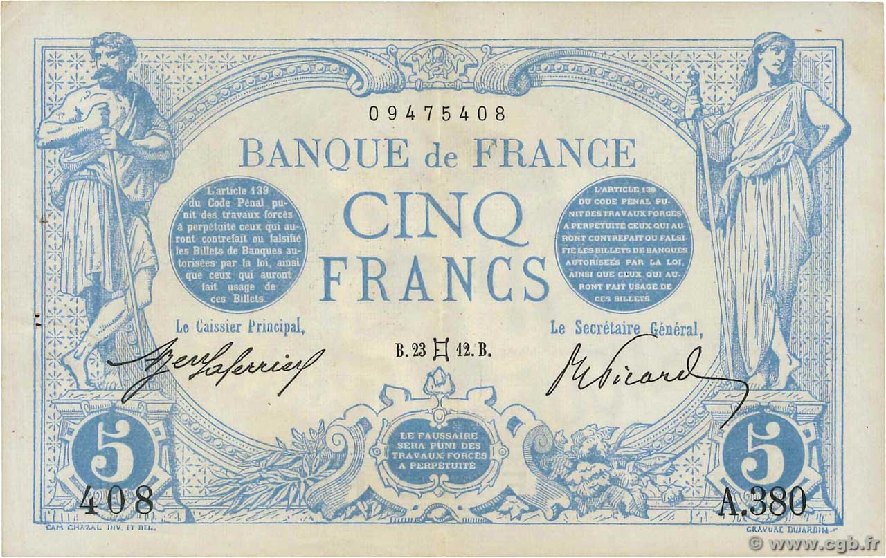 5 Francs BLEU FRANKREICH  1912 F.02.05 fVZ