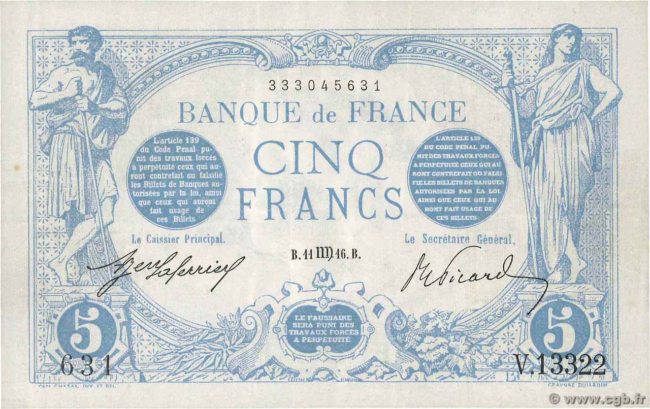 5 Francs BLEU FRANCE  1916 F.02.42 VF+