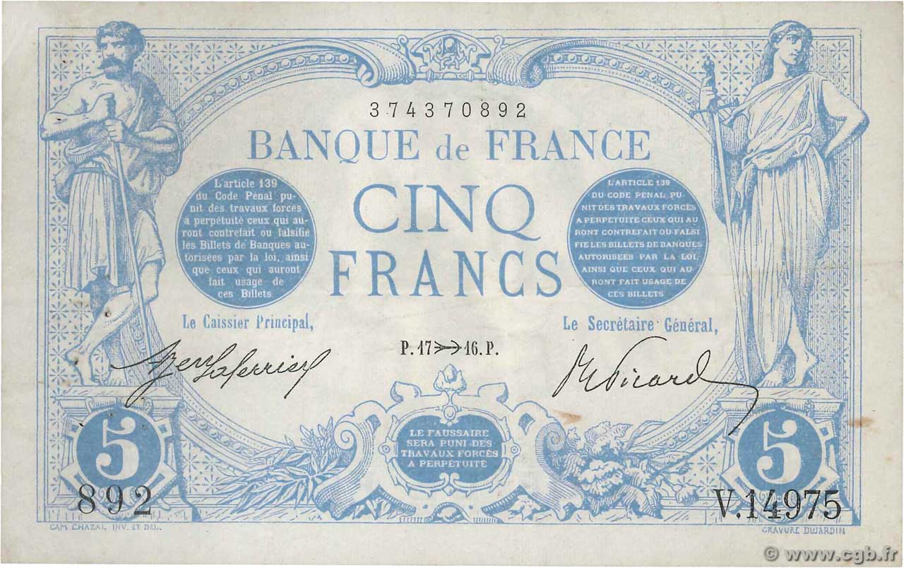 5 Francs BLEU FRANCIA  1916 F.02.45 q.SPL