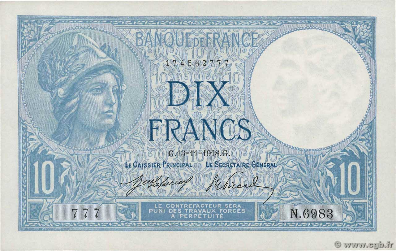 10 Francs MINERVE Numéro spécial FRANCE  1918 F.06.03 AU-
