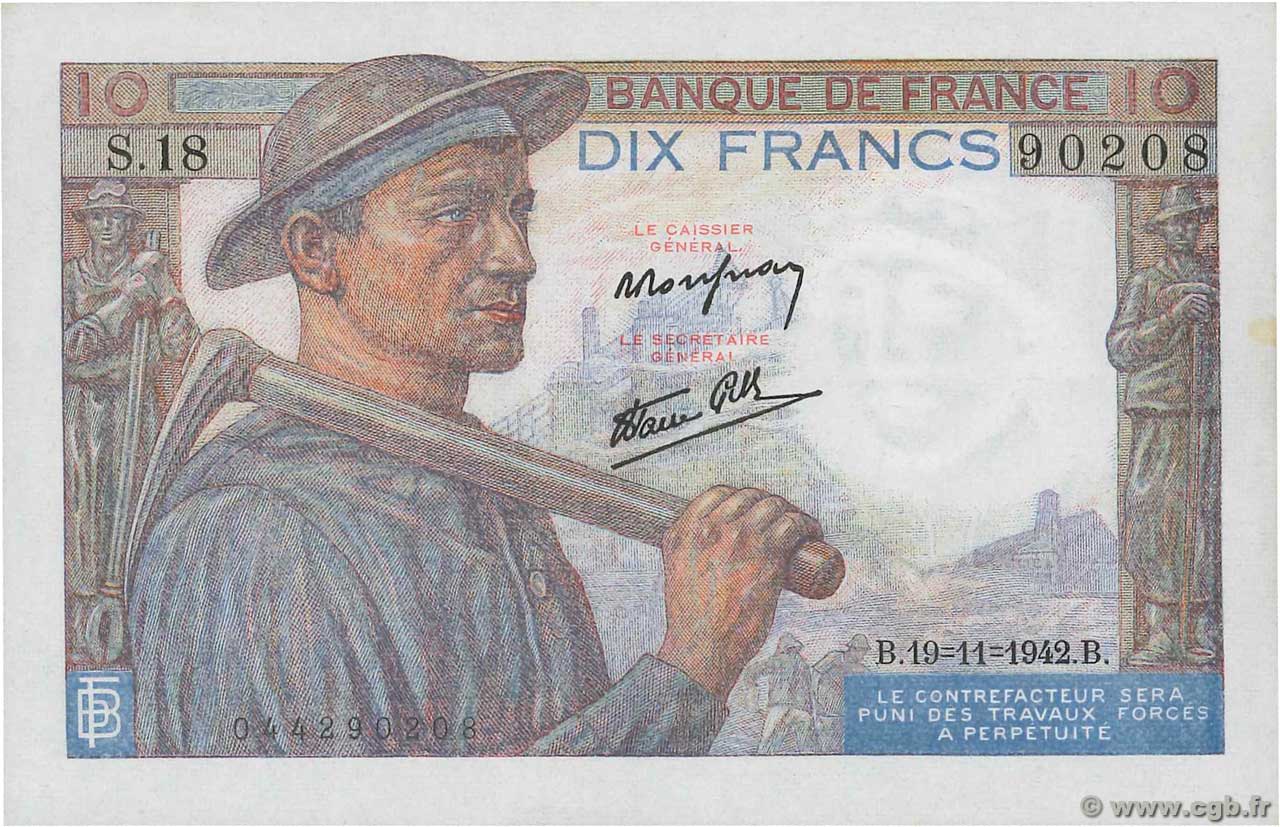 10 Francs MINEUR FRANKREICH  1942 F.08.05 VZ+