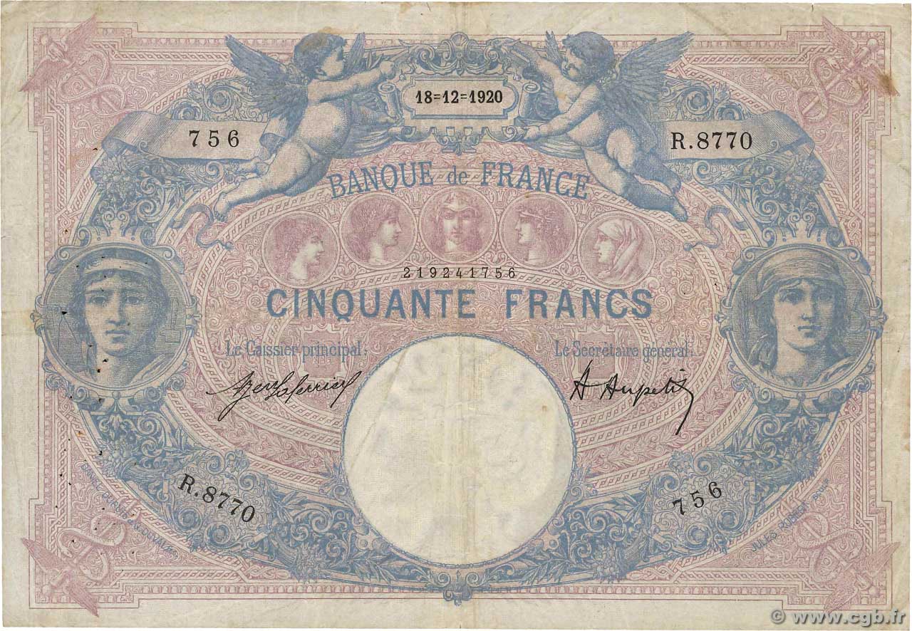 50 Francs BLEU ET ROSE FRANCIA  1920 F.14.33 MB