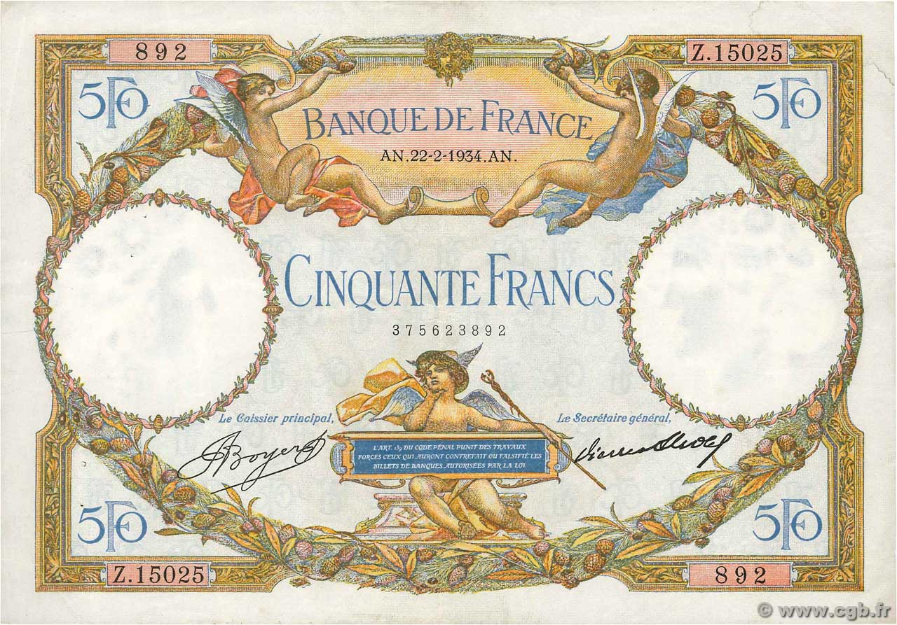 50 Francs LUC OLIVIER MERSON type modifié FRANCIA  1934 F.16.05 MBC