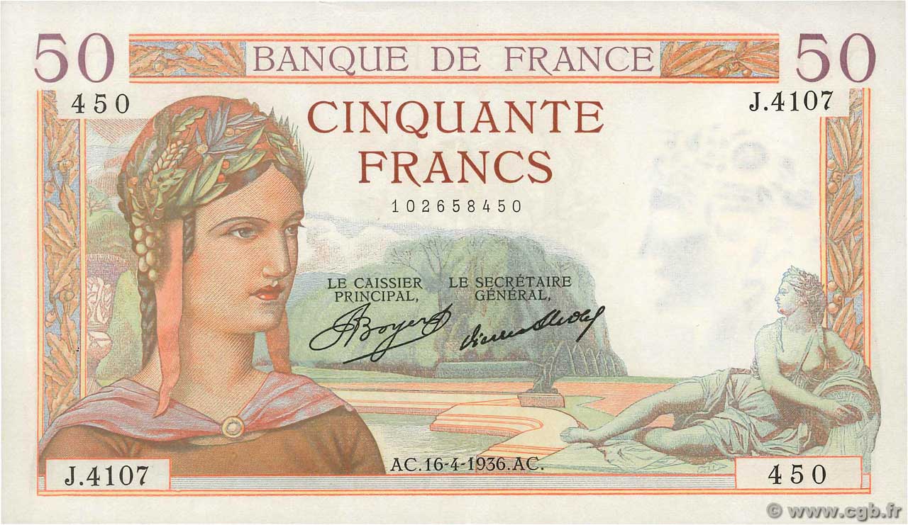 50 Francs CÉRÈS FRANCE  1936 F.17.24 XF