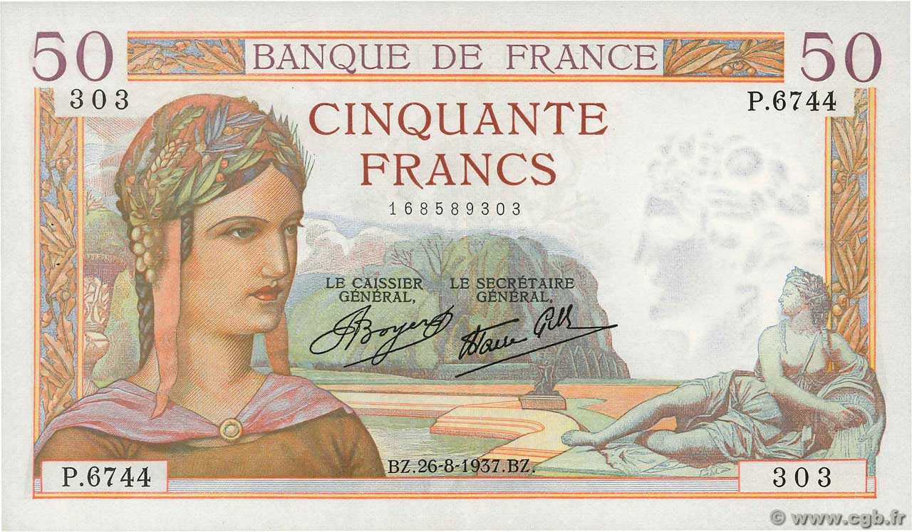 50 Francs CÉRÈS modifié FRANKREICH  1937 F.18.02 VZ