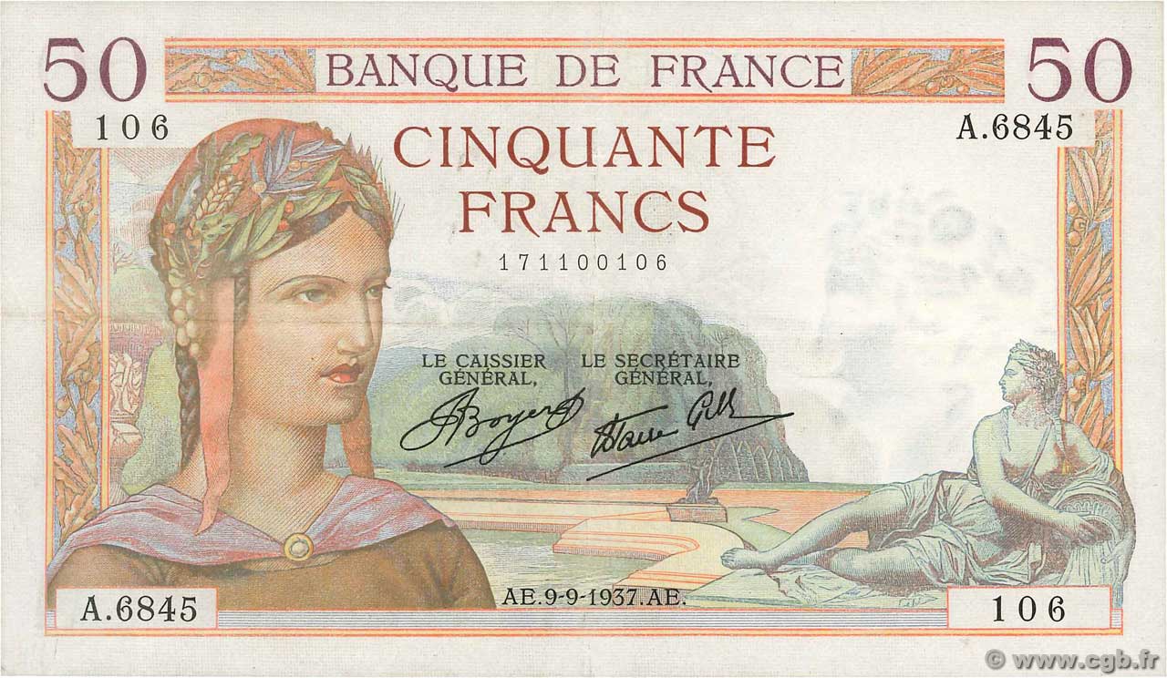 50 Francs CÉRÈS modifié FRANCE  1937 F.18.03 SUP