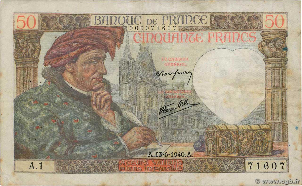 50 Francs JACQUES CŒUR Petit numéro FRANKREICH  1940 F.19.01A1 fSS