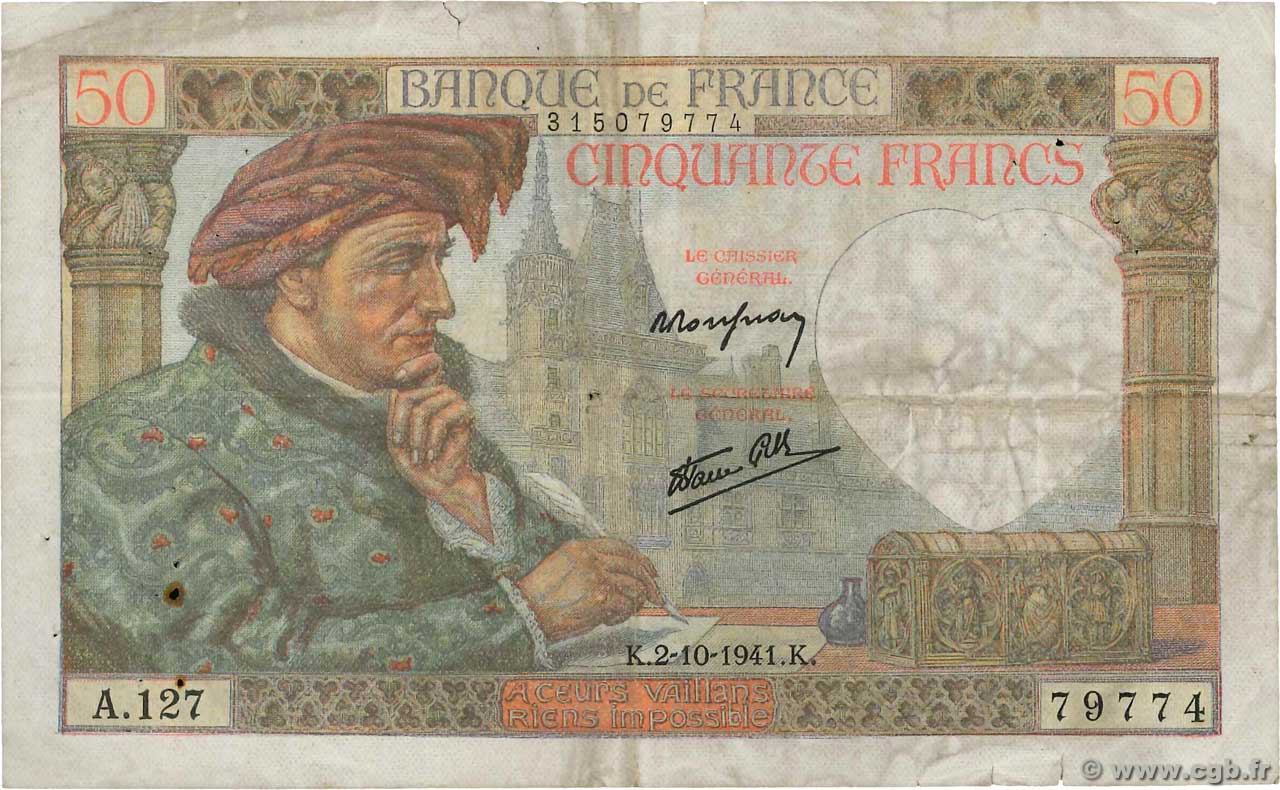 50 Francs JACQUES CŒUR FRANCIA  1941 F.19.15 MB