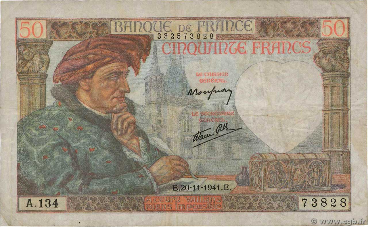 50 Francs JACQUES CŒUR FRANKREICH  1941 F.19.16 fSS