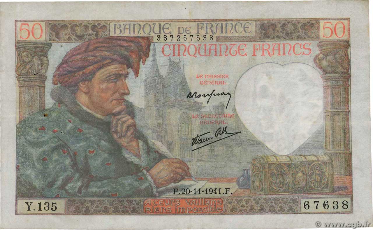 50 Francs JACQUES CŒUR FRANCE  1941 F.19.16 VF