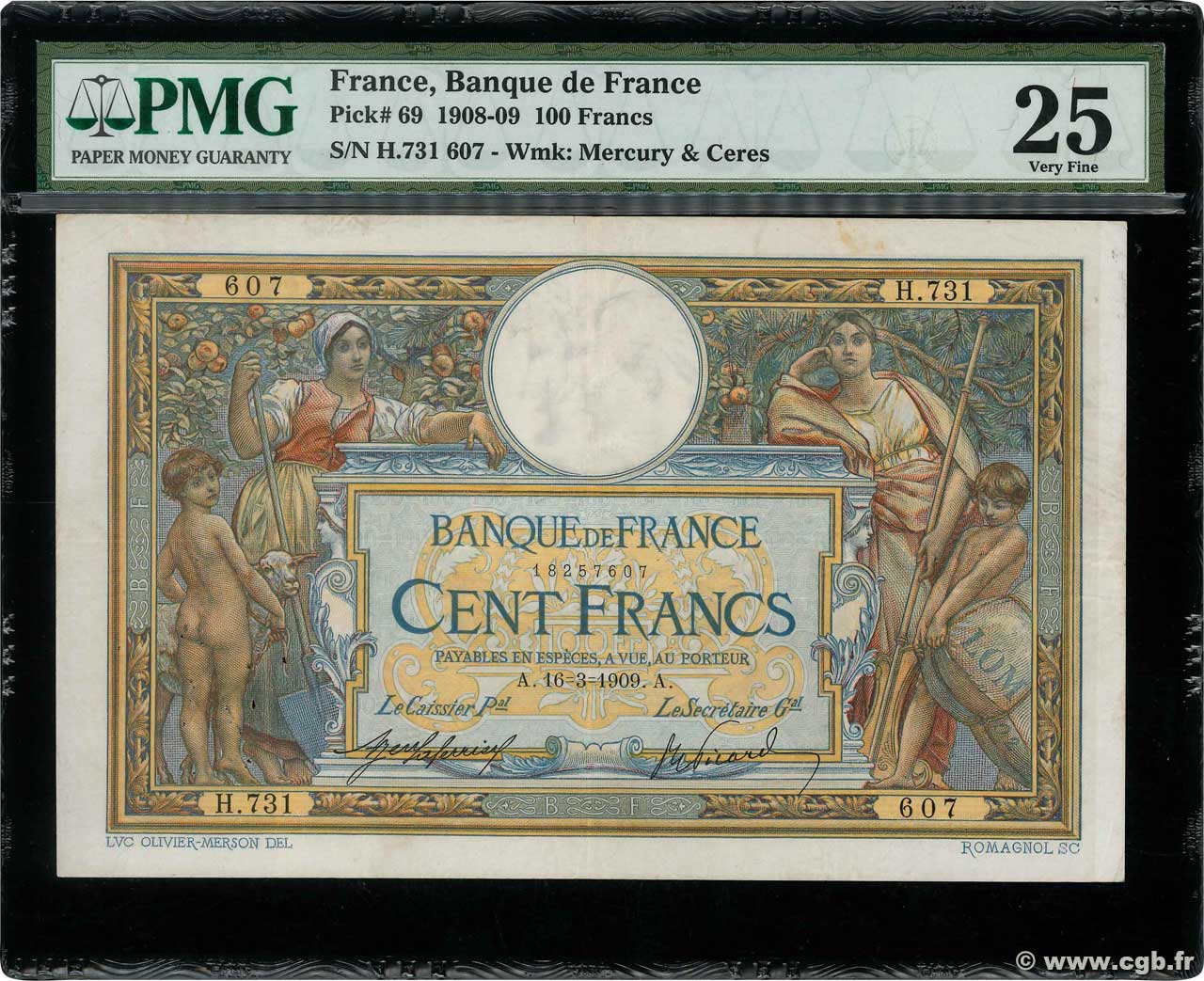 100 Francs LUC OLIVIER MERSON avec LOM FRANCIA  1909 F.22.02 MBC