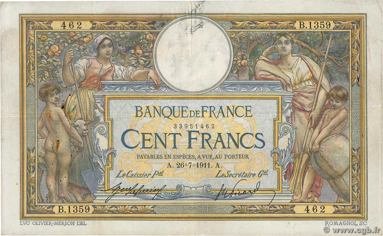100 Francs LUC OLIVIER MERSON sans LOM FRANCE  1911 F.23.03 F+