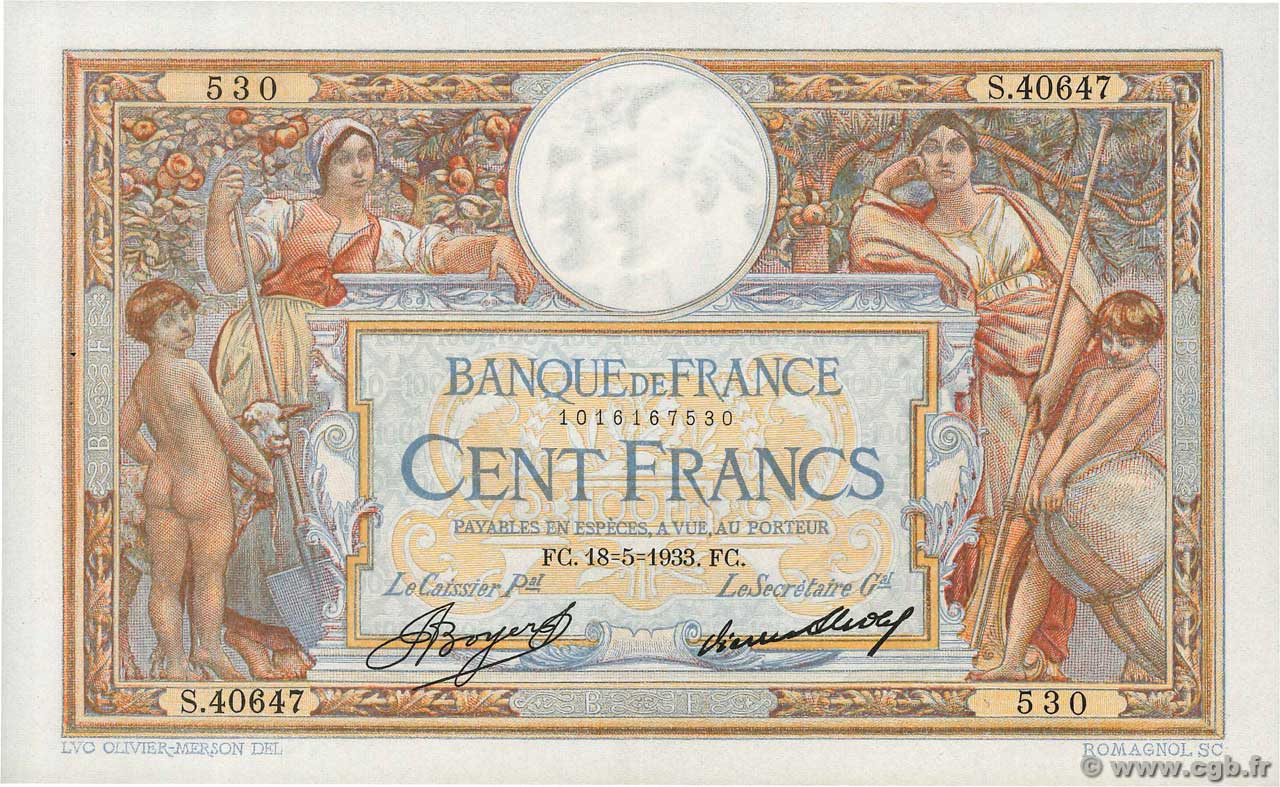 100 Francs LUC OLIVIER MERSON grands cartouches FRANCE  1933 F.24.12 pr.SPL