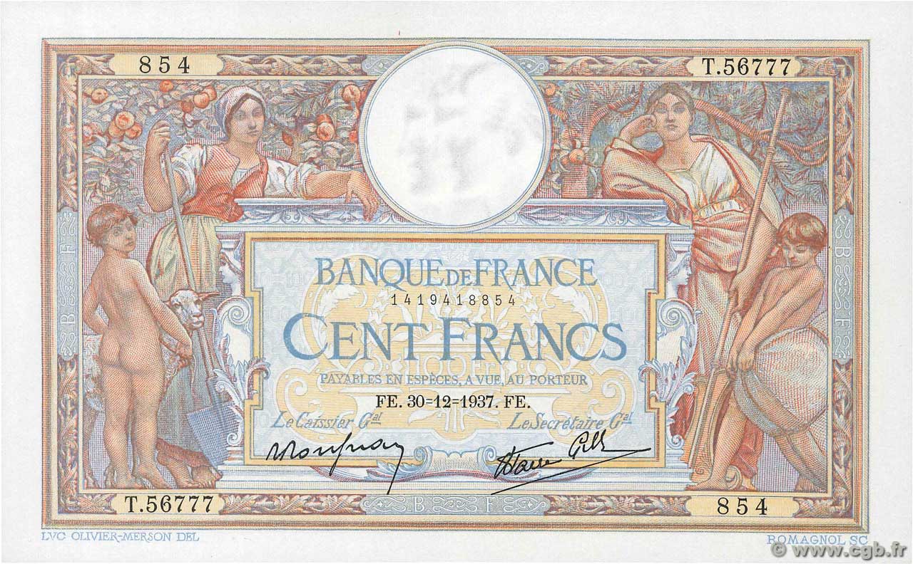 100 Francs LUC OLIVIER MERSON type modifié FRANCIA  1937 F.25.07 SPL+