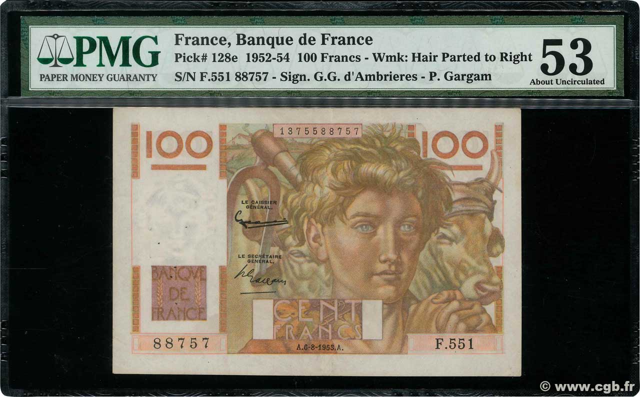 100 Francs JEUNE PAYSAN filigrane inversé FRANCIA  1952 F.28bis.02 SPL+