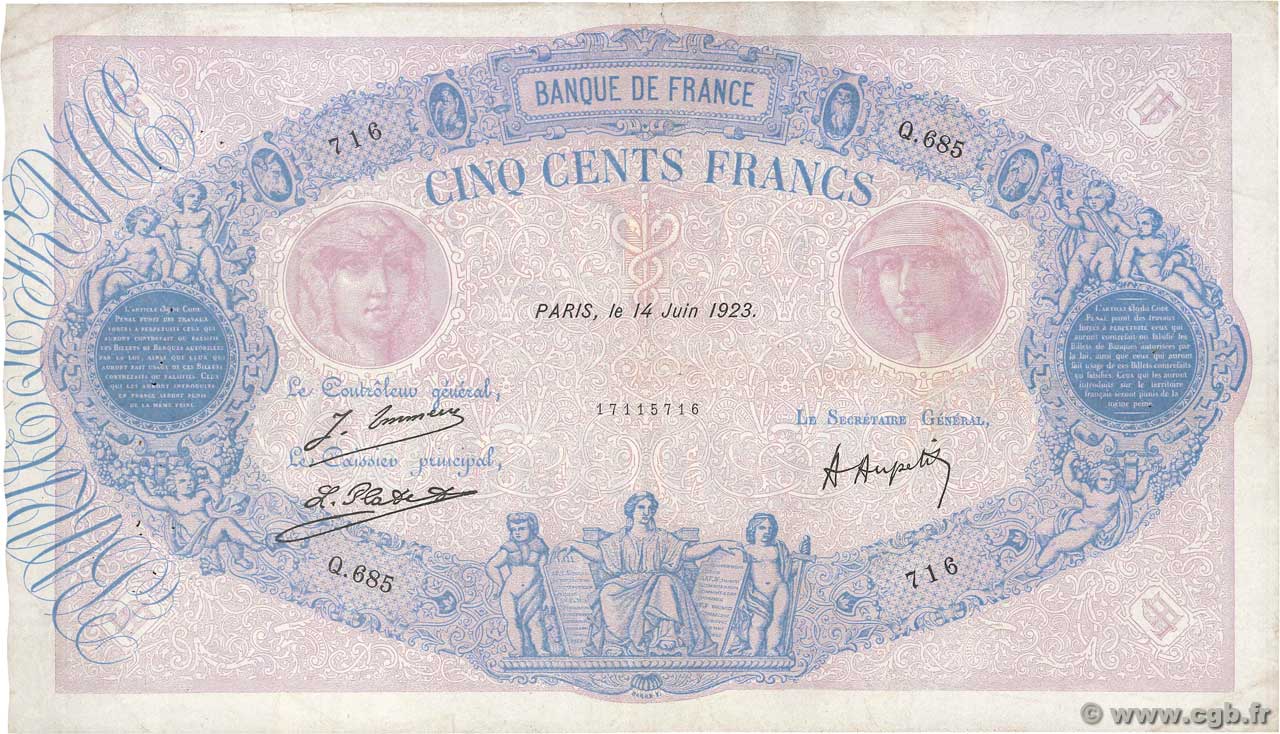 500 Francs BLEU ET ROSE FRANCIA  1923 F.30.27 BB