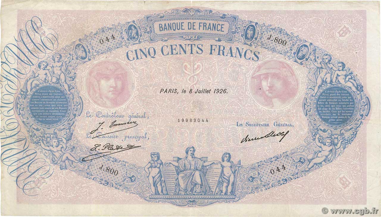500 Francs BLEU ET ROSE FRANCE  1926 F.30.29 VF