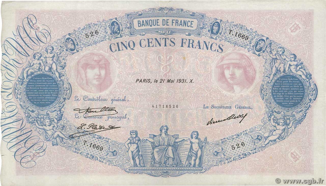 500 Francs BLEU ET ROSE FRANCIA  1931 F.30.34 q.SPL