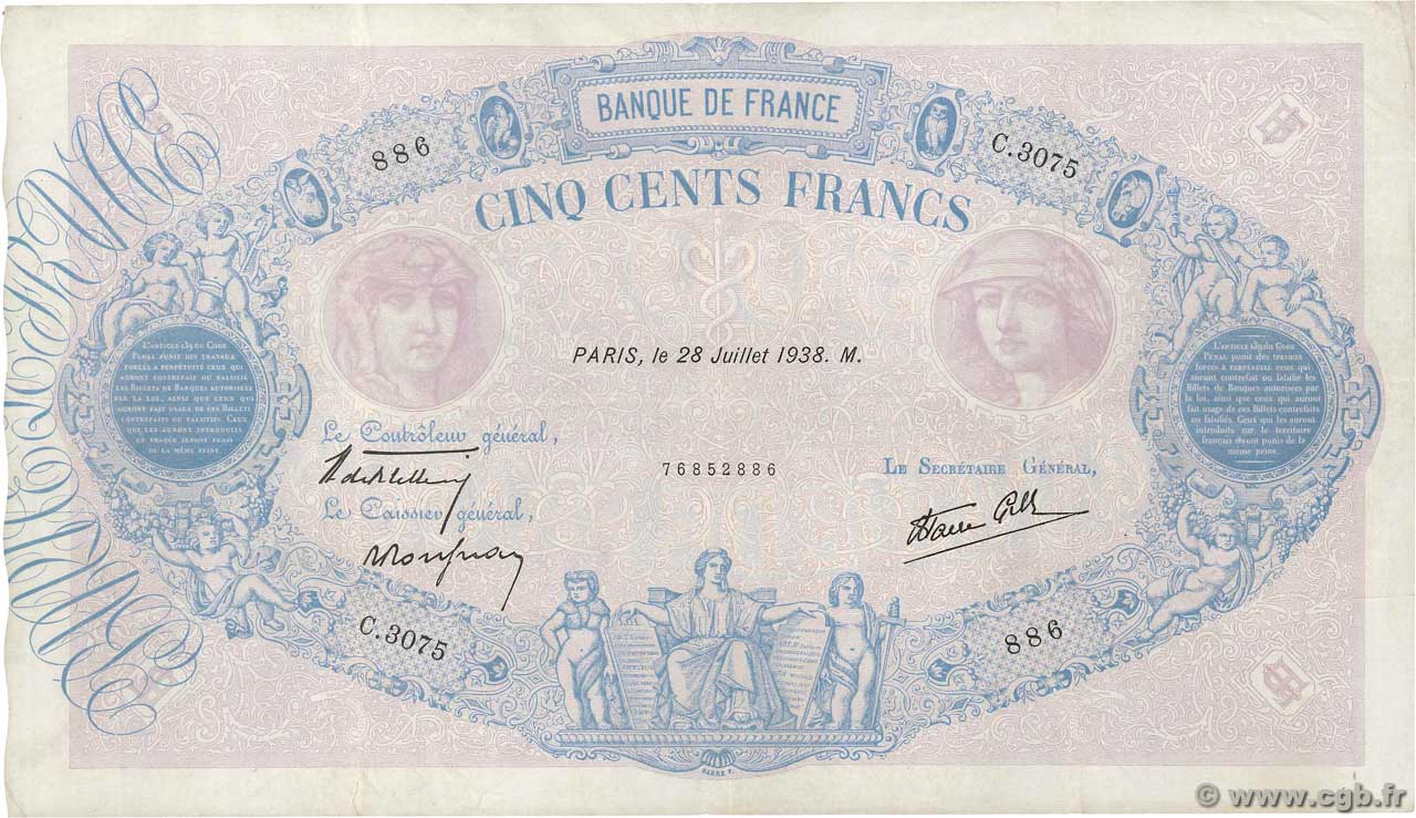 500 Francs BLEU ET ROSE modifié FRANCE  1938 F.31.19 TTB