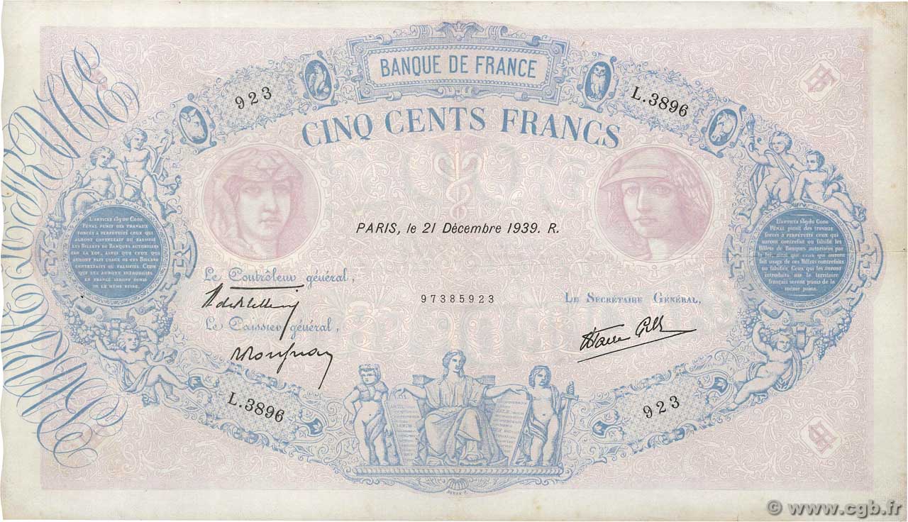 500 Francs BLEU ET ROSE modifié FRANCE  1939 F.31.53 TTB